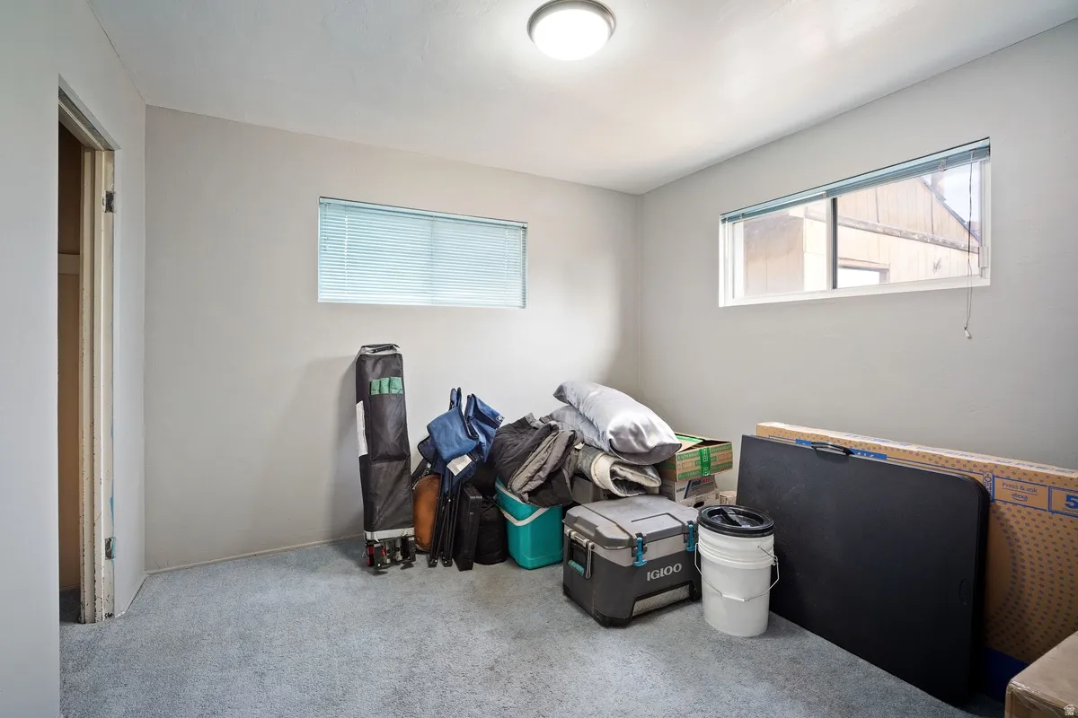 Recessed ceiling light, two windows with blinds, and light gray wall paint