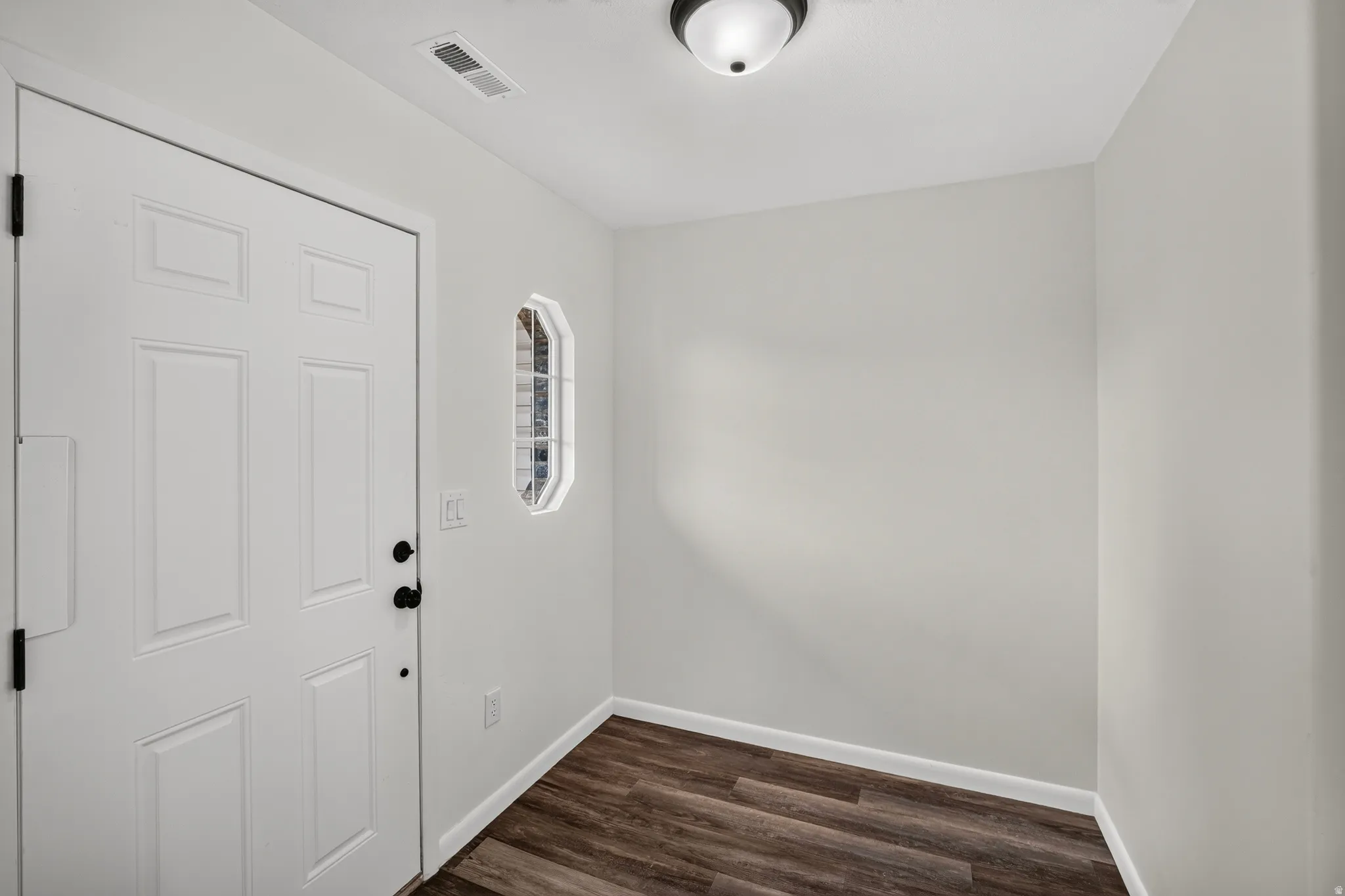 Entryway featuring a paneled door with black hardware, an octagonal window, wood-finish flooring, and a flush mount ceiling light