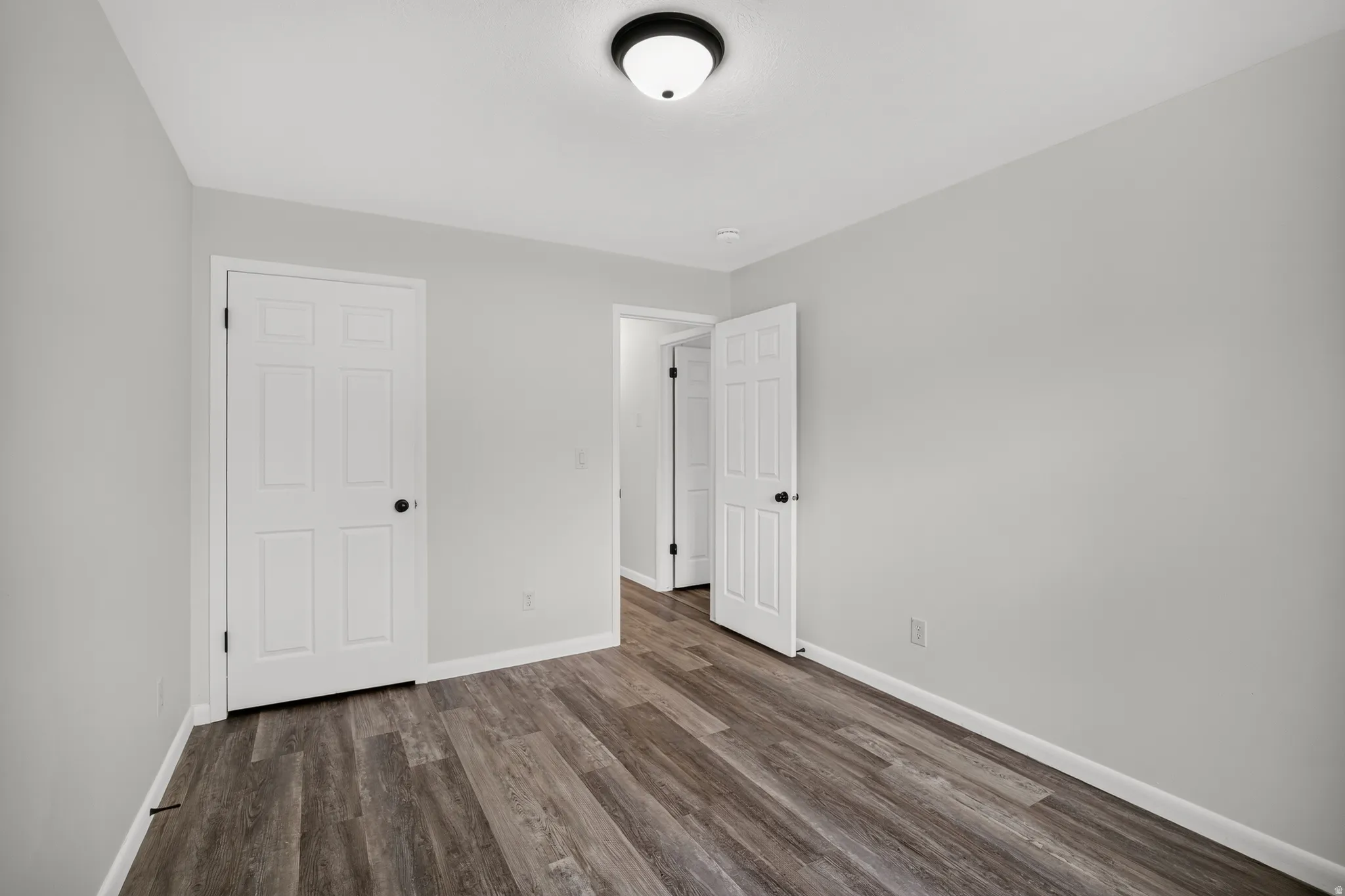 Wood-finish flooring, white paneled doors, ceiling-mounted light fixture, and light gray wall paint