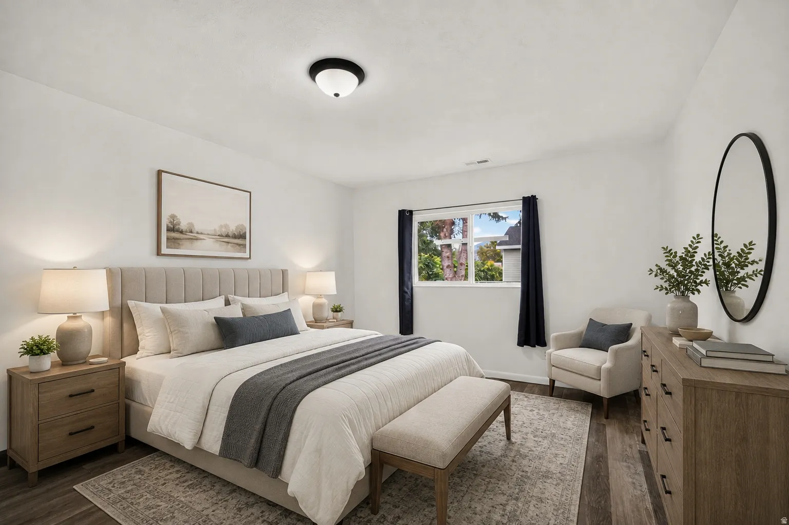 Virtually Staged - Wood-finish flooring with white walls and a contemporary flush-mount ceiling light