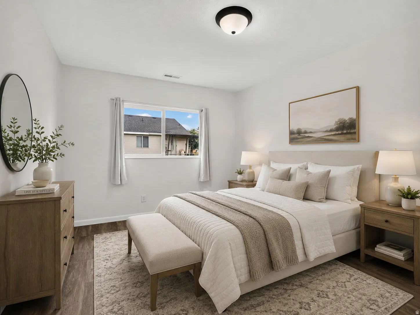 Virtually Staged - Wood-finish flooring, white walls, and a window with white trim