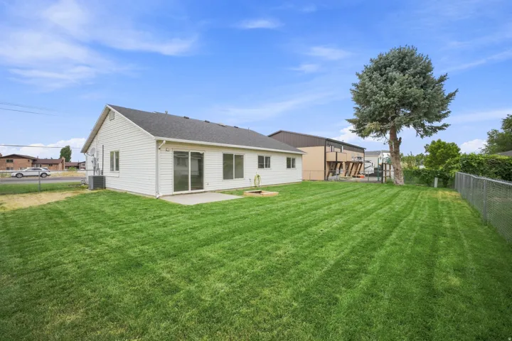 Expansive backyard with a large grass lawn, chain link fence, and a mature tree