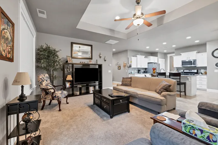 Tray ceiling, recessed lighting, and a ceiling fan with integrated lighting