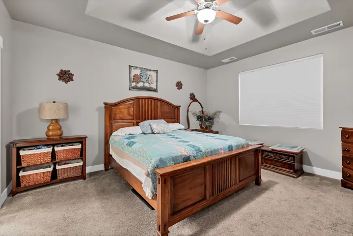 Tray ceiling with a ceiling fan light fixture, neutral wall paint, and plush carpet flooring