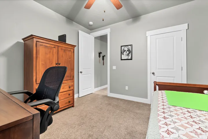 Textured carpeting, light gray wall paint, and white trim