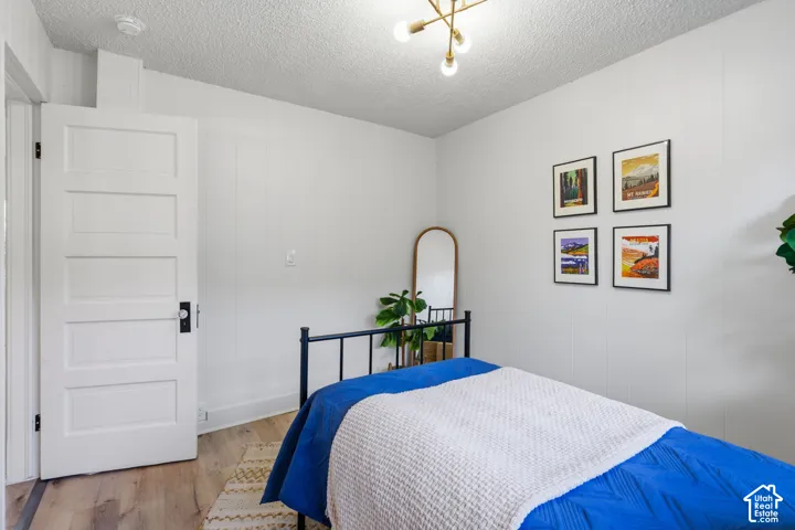 White paneled door, wood-finish flooring, white walls, and a modern ceiling light fixture
