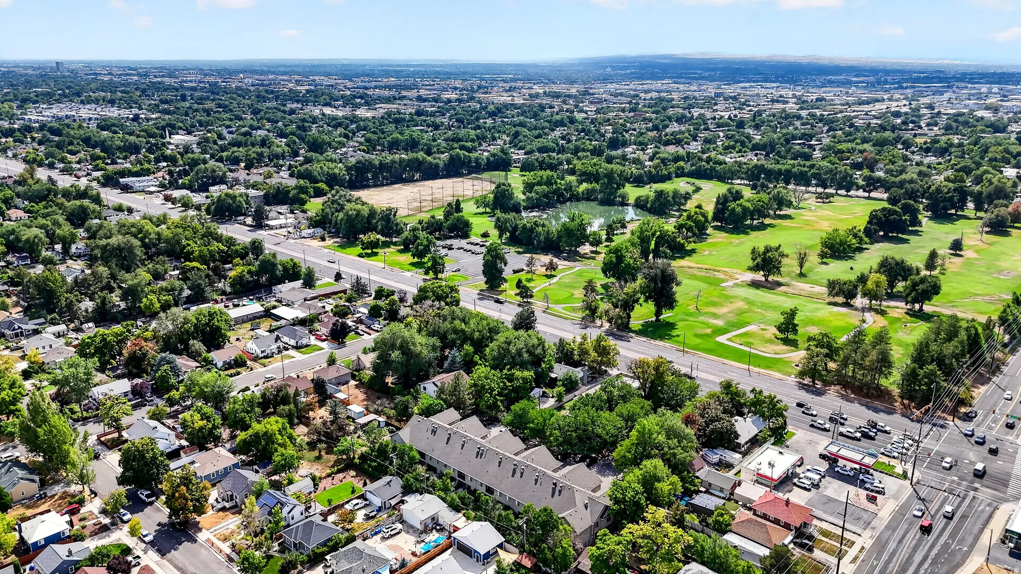Aerial perspective of a verdant residential area featuring mature trees and established homes