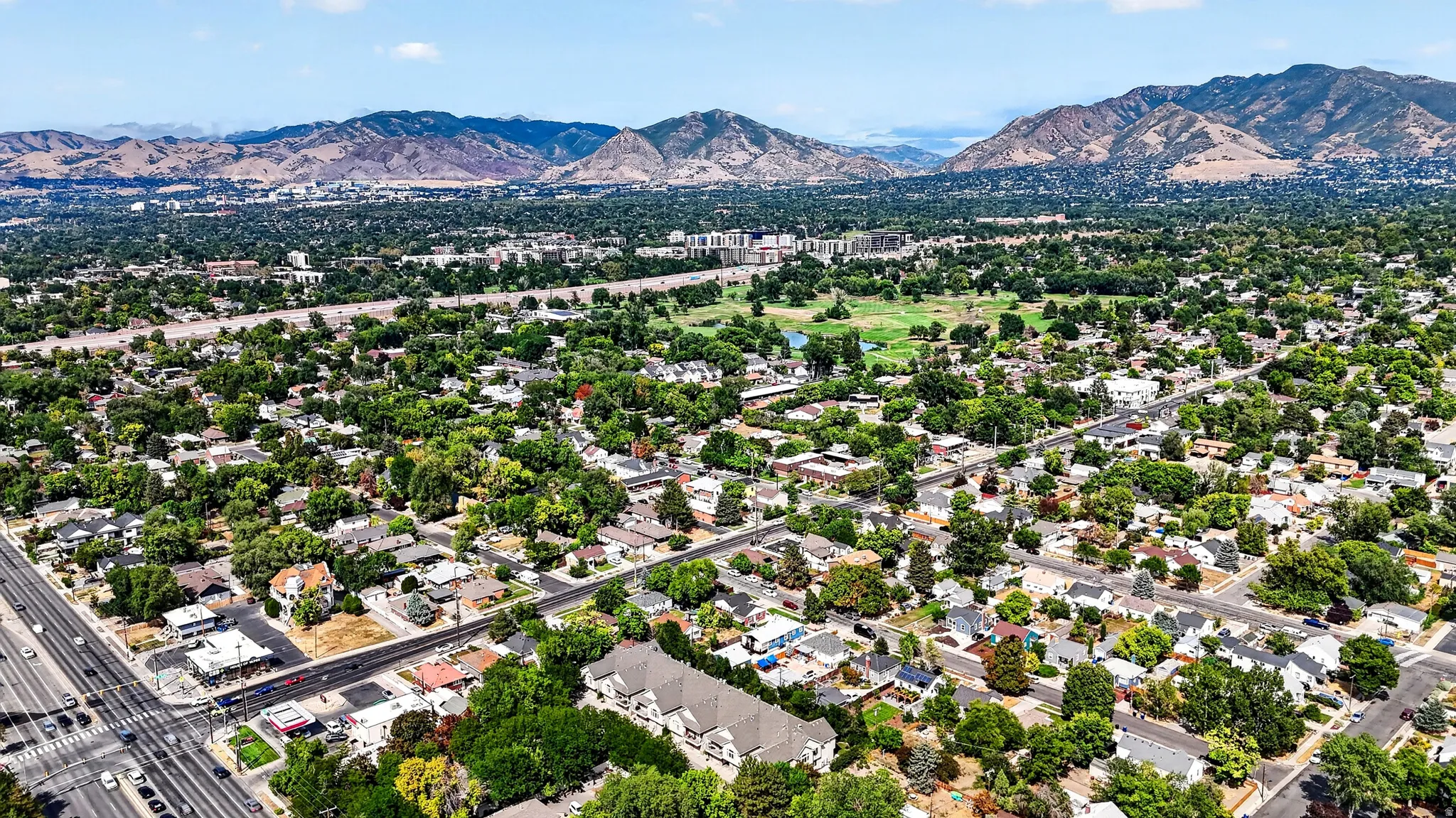 Expansive neighborhood with mature tree coverage, residential streets, and mountain backdrop