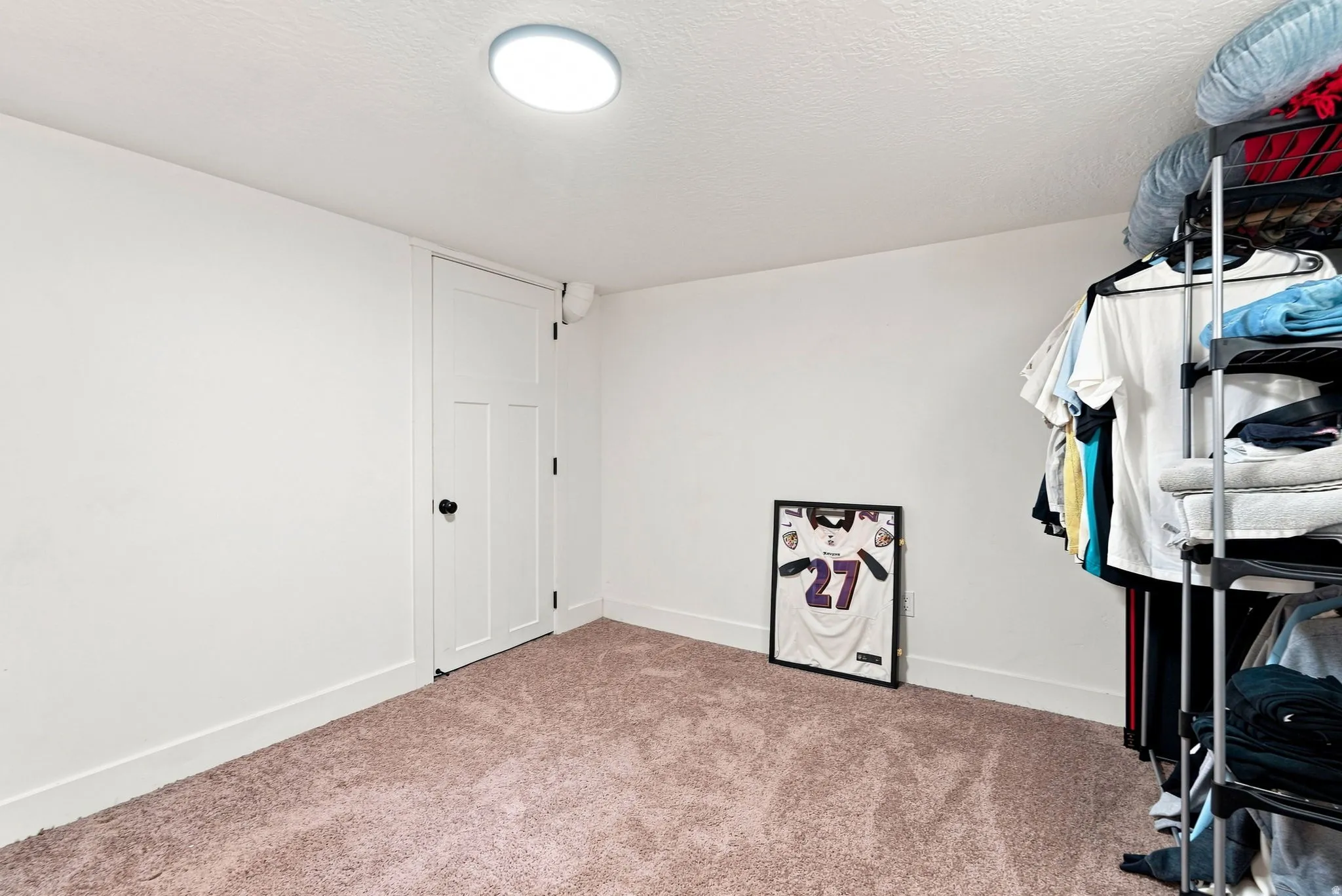 Spacious bonus room featuring neutral carpet flooring, recessed ceiling lighting, and ample storage with built-in shelving and closet access