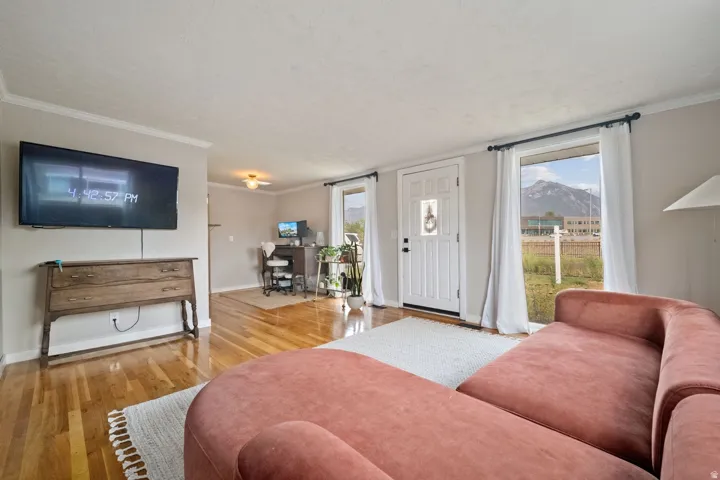 Hardwood flooring throughout the main living area