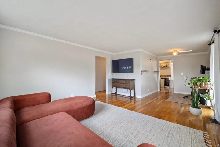 Light-toned walls with crown molding, wood-finish flooring, and a ceiling-mounted light fixture
