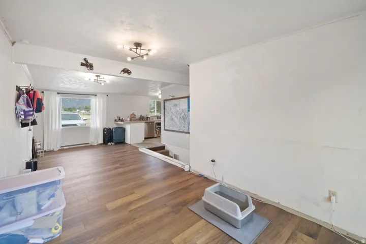 Wood-finish flooring throughout, multiple contemporary ceiling light fixtures, and a bright white paint scheme