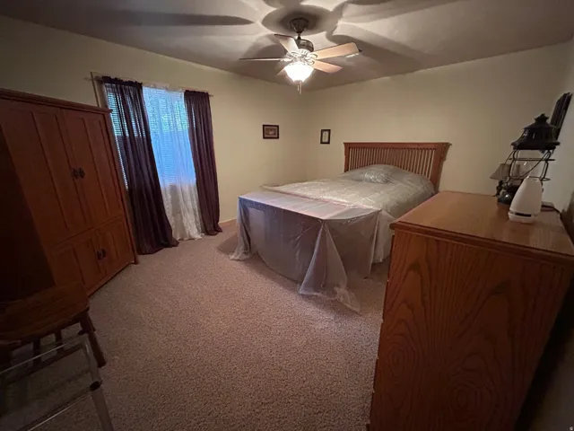 Carpeted room with a ceiling fan, window with curtain rods, and neutral wall paint