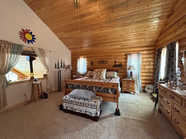 Wood-paneled walls and ceiling, carpeted flooring, built-in windows, and a built-in wooden ledge