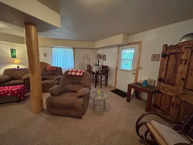 Carpet flooring, wood column, white ceiling, white door, and a window with white blinds