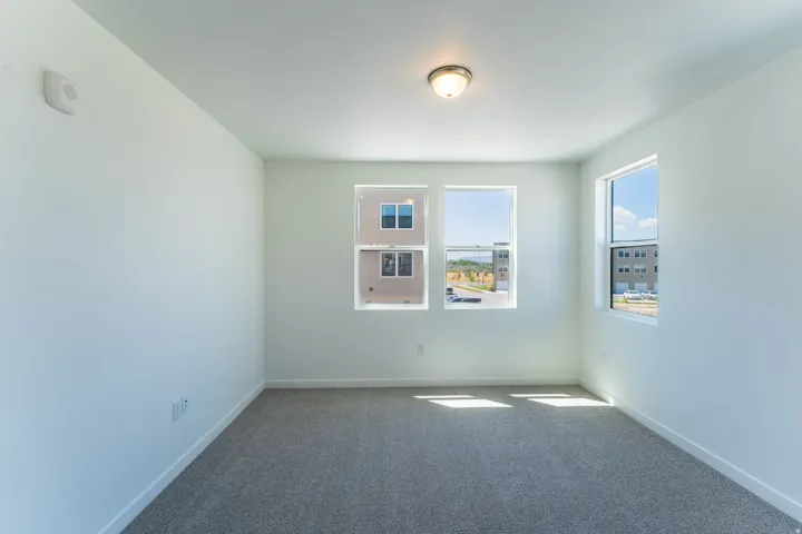 Recessed lighting, multiple windows, wall-to-wall carpeting, and a ceiling-mounted light fixture