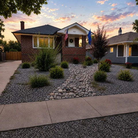 Brick exterior with dark roof shingles, covered entry porch, and white trim