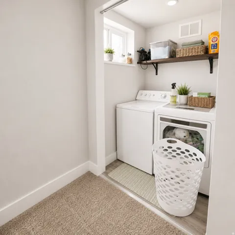 Laundry area with window, recessed ceiling light, and a wood-finish floating shelf