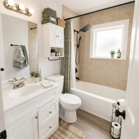White vanity with brushed nickel fixtures, wood-finish flooring, tiled shower surround, recessed window, and wall-mounted storage cabinet