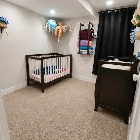 Plush carpet flooring, recessed ceiling lighting, and light wall finishes