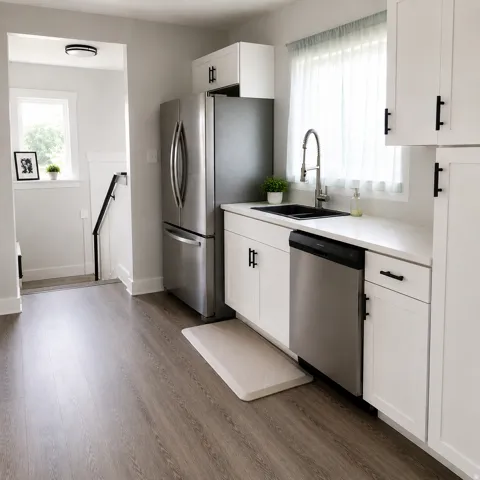Wood-finish flooring complementing white cabinetry with black hardware, stainless steel appliances, a black sink, and light-toned countertops