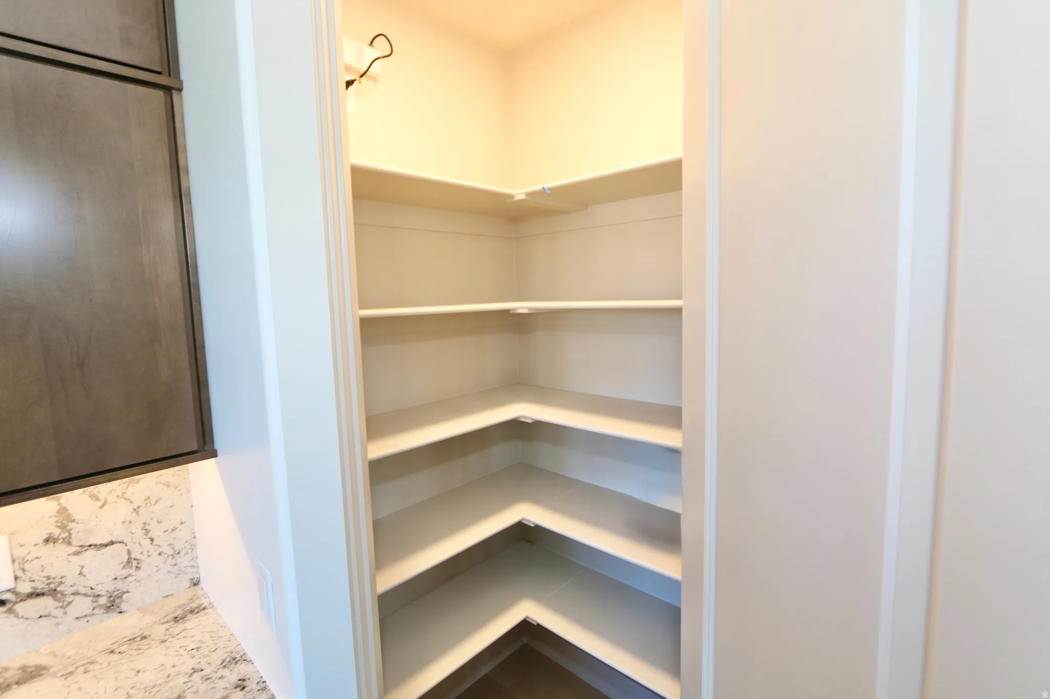 Corner pantry with multiple built-in shelves