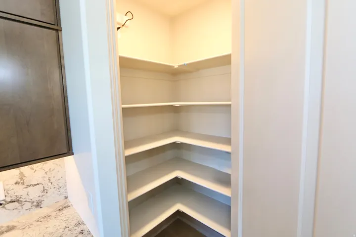 Corner pantry with multiple built-in shelves