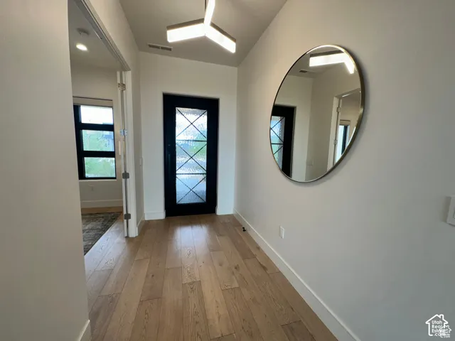 Light wood-finish flooring, a modern geometric ceiling light fixture, and a black entry door with decorative glass panels