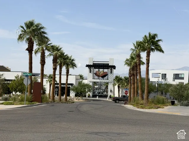 Paved entrance with manicured landscaping, mature palm trees, and modern architectural elements
