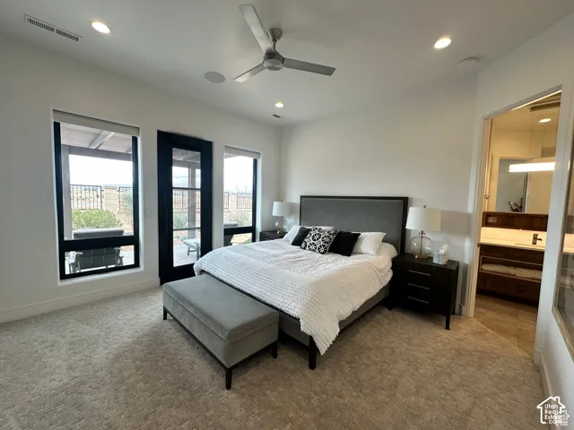 Recessed lighting and ceiling fan overhead