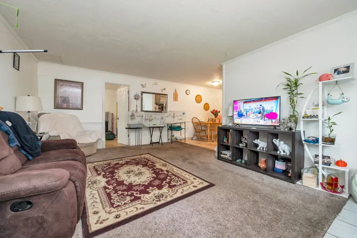 Carpeted living area featuring a built-in shelving unit, white painted walls, and an entryway to another room