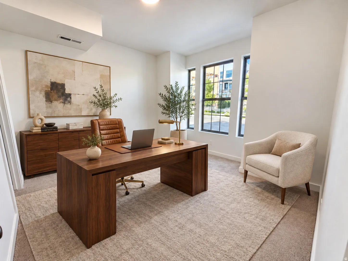 Spacious room featuring multiple windows with black framing, recessed lighting, and light-toned carpeting