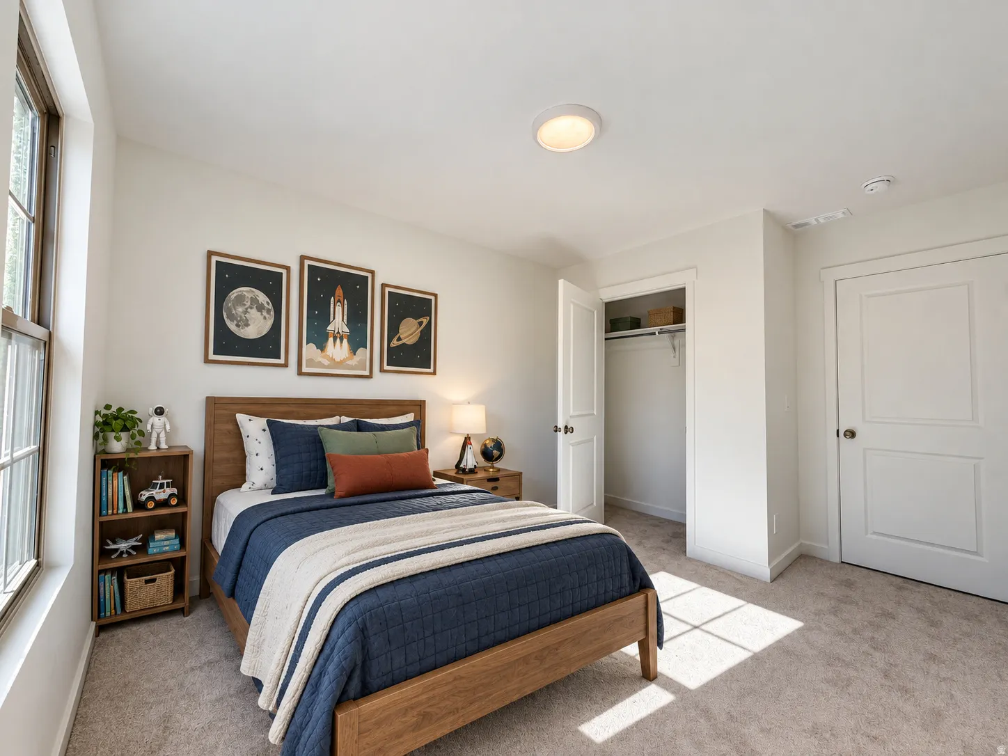 Recessed ceiling light, carpeted flooring, white paneled doors, and a built-in closet with shelving
