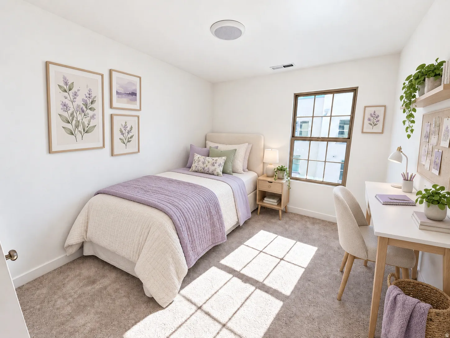 Plush carpet flooring, large window with multi-pane design, built-in ceiling light fixture, neutral wall paint, and a built-in floating shelf