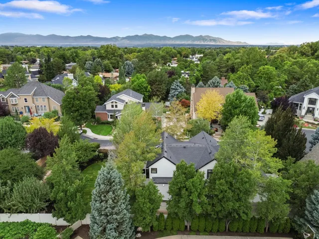 Expansive tree-lined neighborhood with surrounding mountain ranges