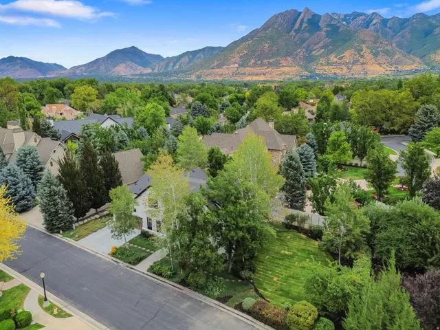 Expansive mountain backdrop, lush green landscaping, mature trees, paved street, and residential neighborhood setting