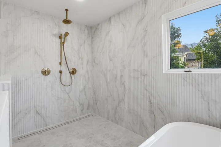 Walk-in shower with gold-finish fixtures, a rain showerhead, and a handheld shower