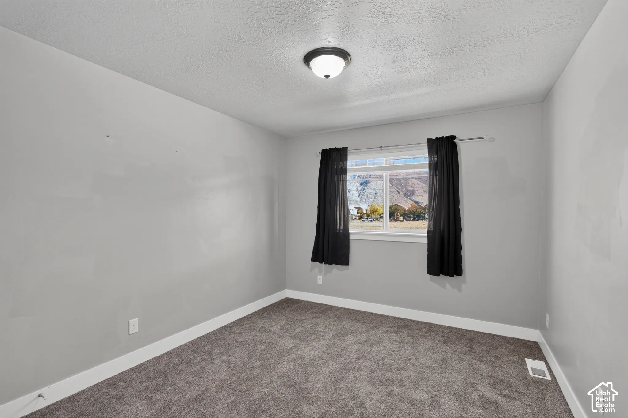 Neutral-toned interior room featuring wall-to-wall carpeting, a multi-pane sliding window, and a central ceiling-mounted flush light fixture
