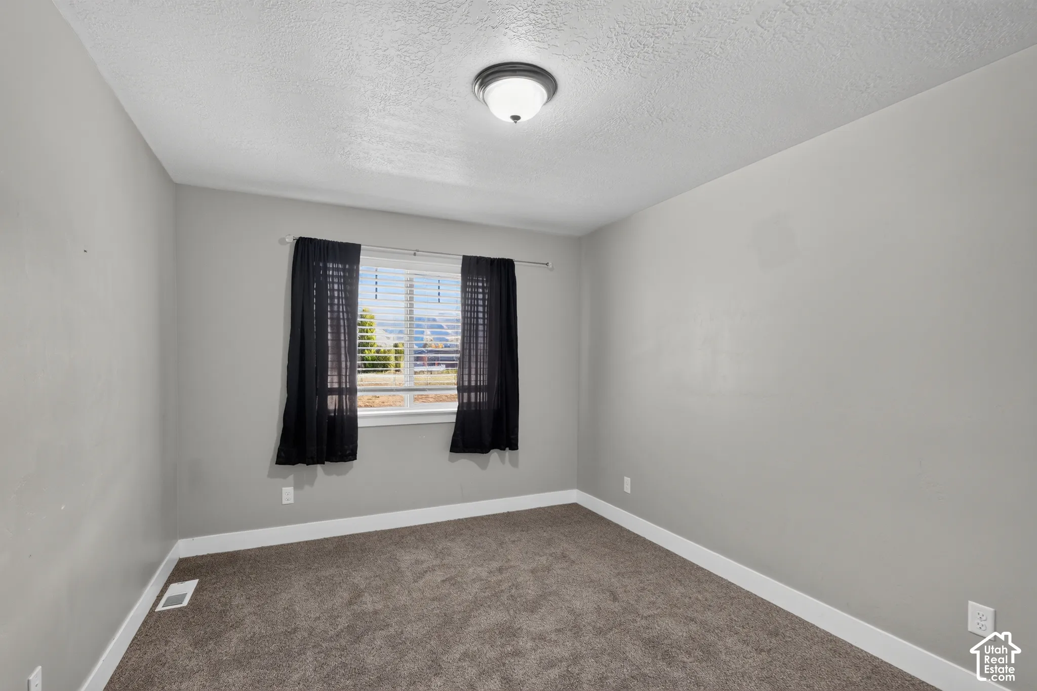 Neutral-toned interior space featuring neutral wall paint, carpeted flooring, a flush-mount ceiling light fixture, and a single window with horizontal blinds