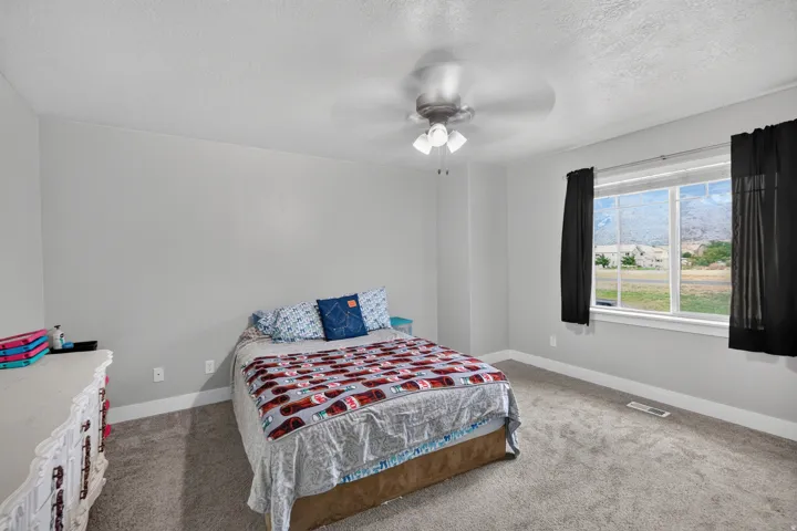 Carpeted flooring, neutral wall tones, ceiling fan with integrated lighting, window with mountain backdrop, and white trim
