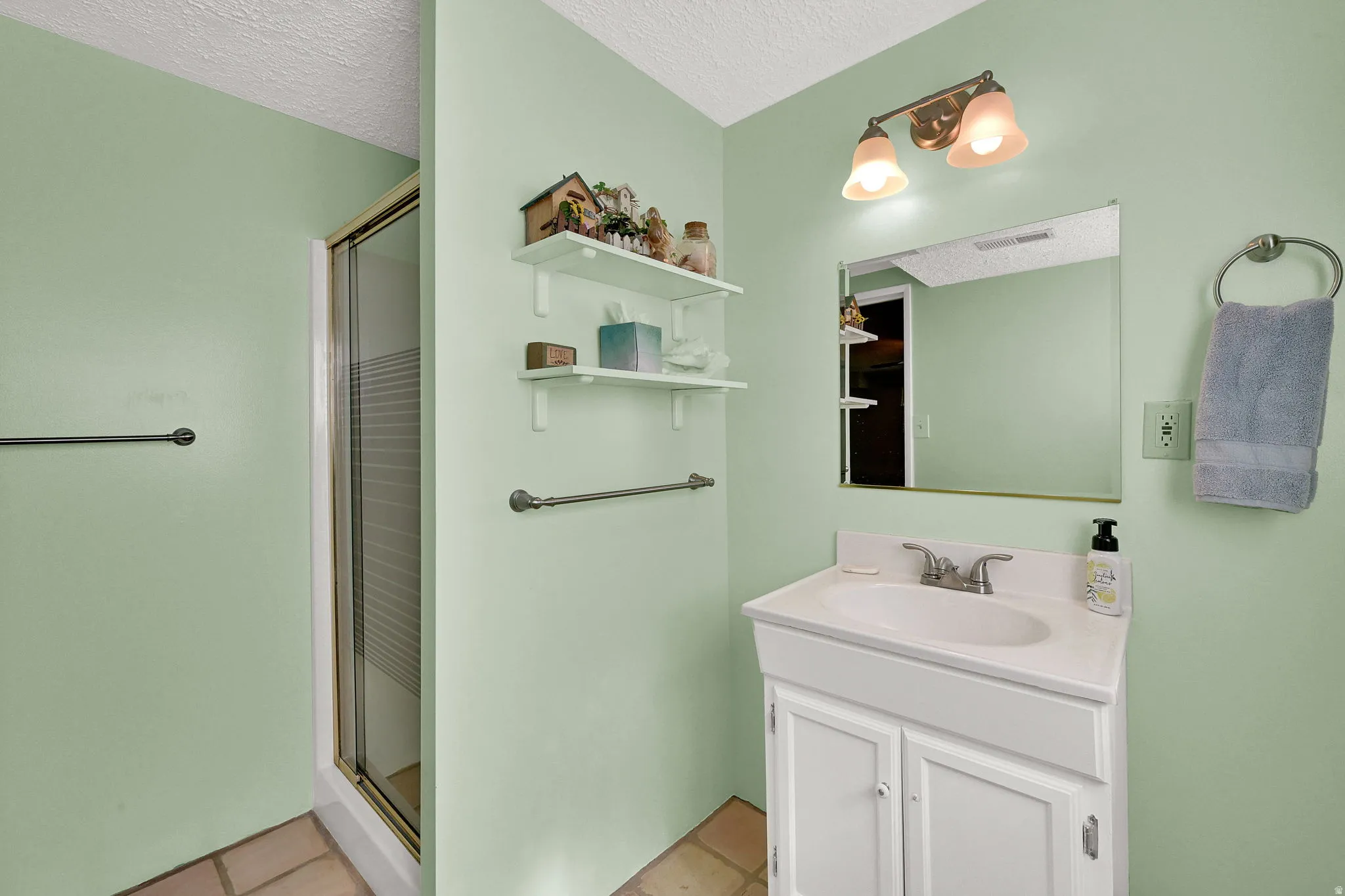 Private bathroom to the large bedroom in the basement. Shower enclosure with glass door, single vanity with white cabinetry, wall-mounted mirror, two-light vanity fixture, and white shelving.