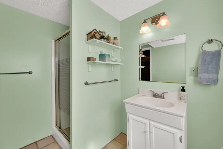 Private bathroom to the large bedroom in the basement. Shower enclosure with glass door, single vanity with white cabinetry, wall-mounted mirror, two-light vanity fixture, and white shelving.