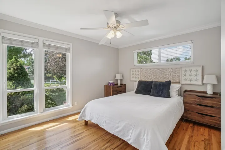 Hardwood flooring, multiple windows, ceiling fan, crown molding, and neutral wall tones