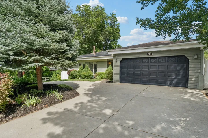 Property exterior featuring a concrete driveway, mature evergreen tree, established landscaping beds, light green siding, and an attached garage with a dark paneled door