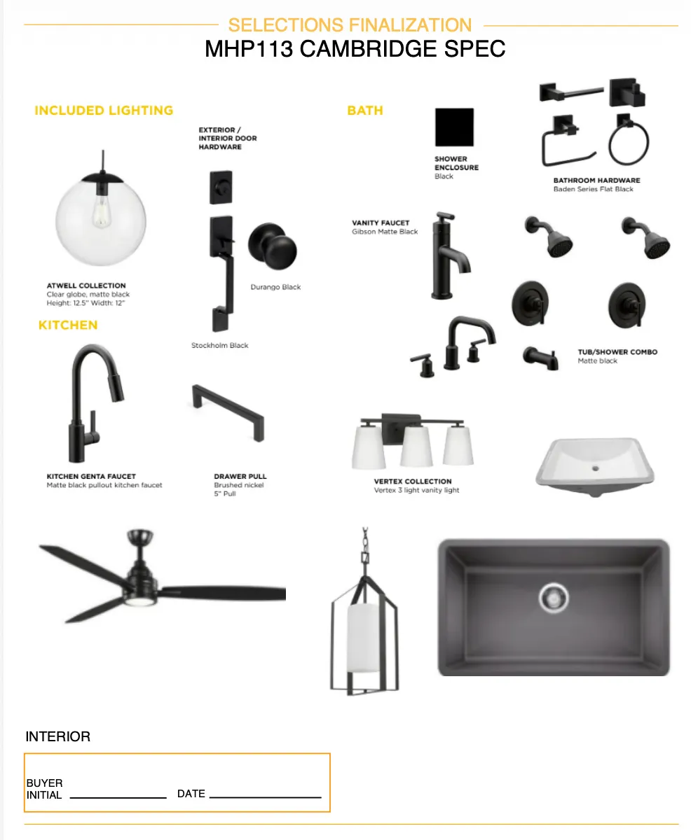 Selections Finalization, MHP113 Cambridge Spec. Displaying various fixture and hardware selections for the property