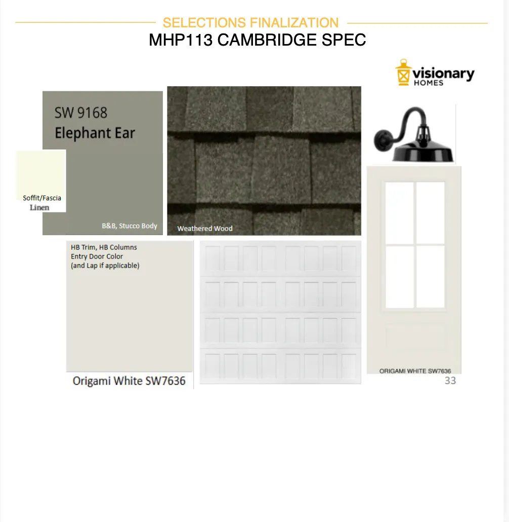 Selections Finalization Document. Detailing exterior material and color specifications for the property