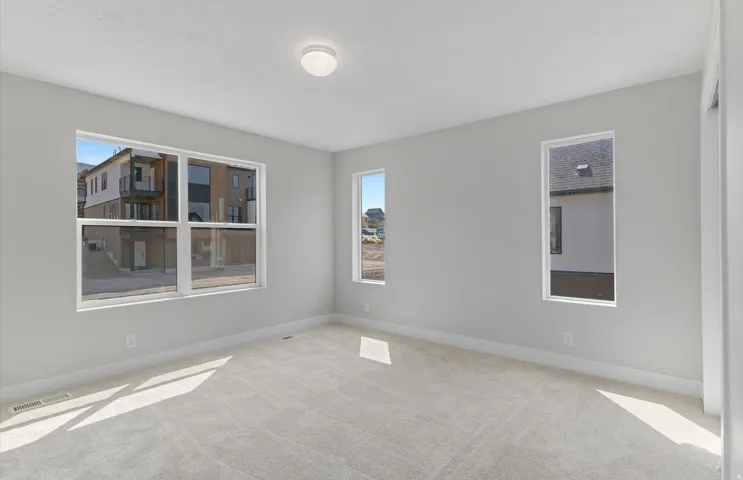 Plush carpet flooring, multiple windows, contemporary wall color, and a ceiling-mounted light fixture