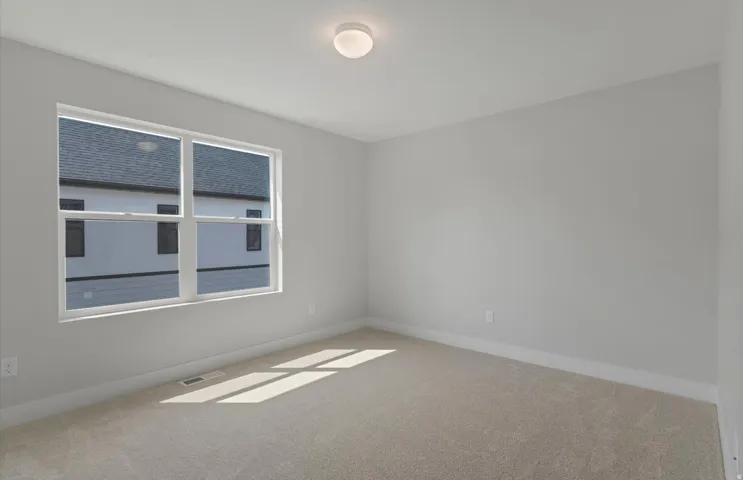 Neutral tone wall finishes, carpeting, flush mount ceiling light, and a large multi-pane window