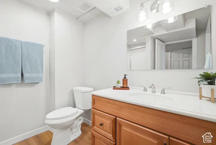 Bathroom with LVP, Walk in shower and vanity