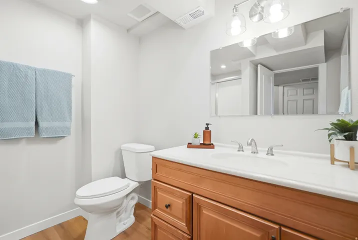 Bathroom with LVP, Walk in shower and vanity